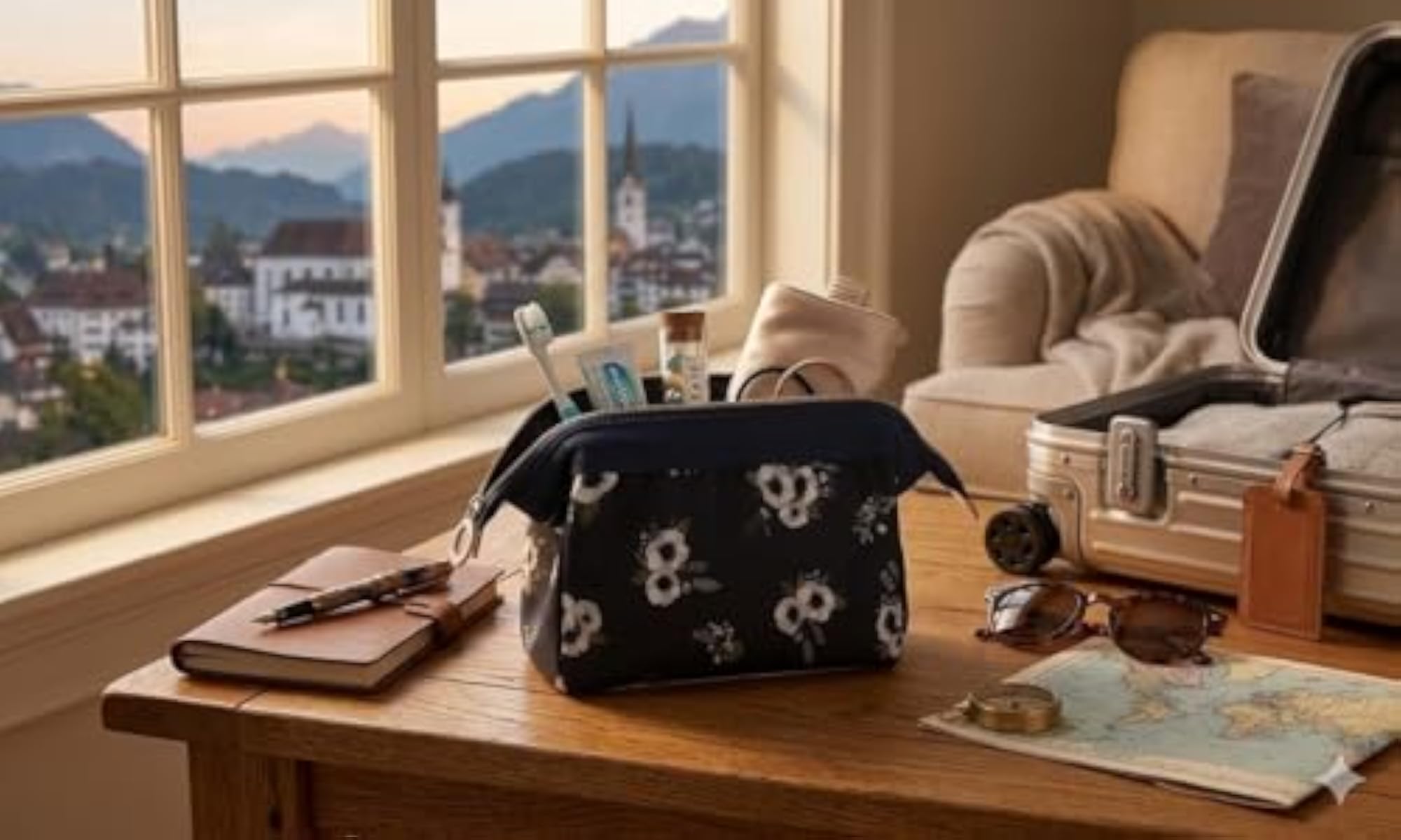 Portable Cosmetic Toiletry Makeup Pouch - Black Flower